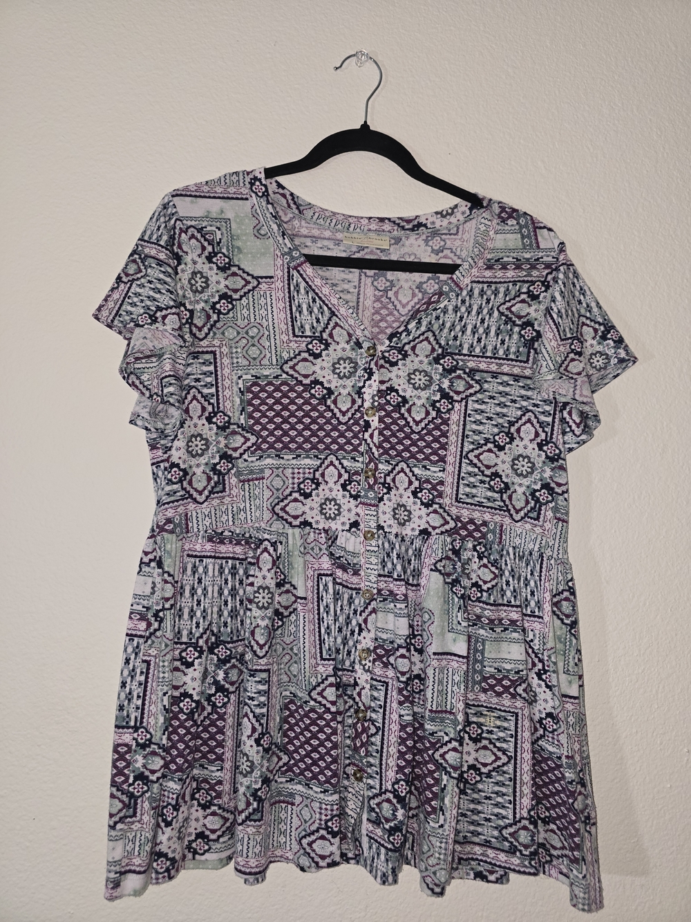 Bobbie Brooks Purple and Mint Patchwork Button-Front Tunic